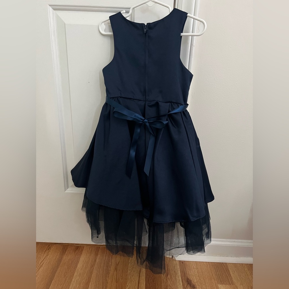 Rare Editions Navy Blue Satin/Mesh Tiered High-Low-Hem Dress - Picture 2 of 4